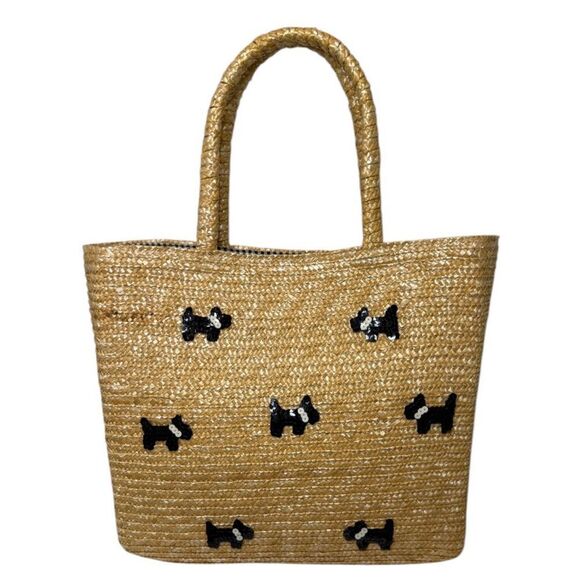 Cappelli Strawworld Weaved Purse Scottie Dog Tote Gingham Lining - Picture 1 of 8